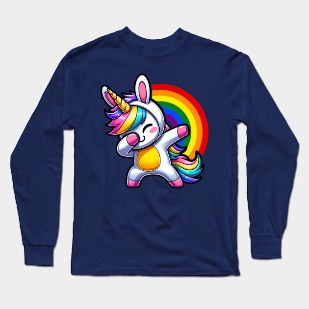 Cute Kawaii Dabbing Unicorn Wearing Easter Bunny Costume with Rainbow Long Sleeve T-Shirt by Odetee